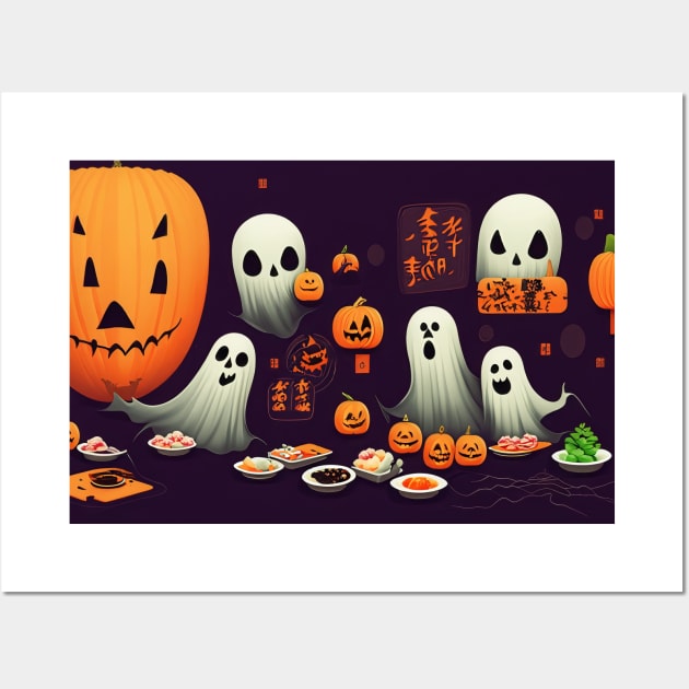 Cartoon Illustration of Ghosts and Pumpkins Surrounded by Food Wall Art by Tee Trendz